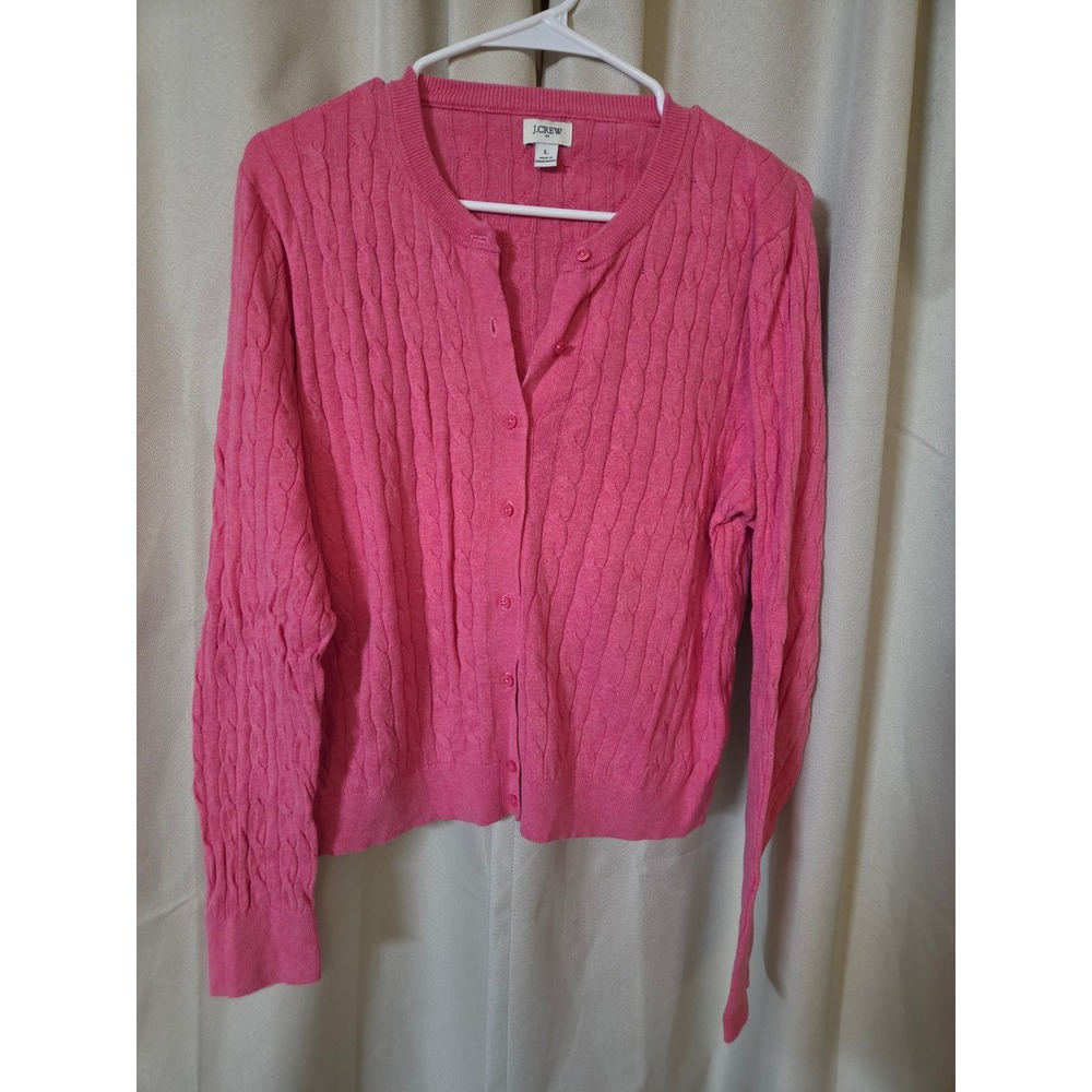 J.Crew Pink Cable Knit Cotton Cardigan Sweater Womens Large LS Button Front